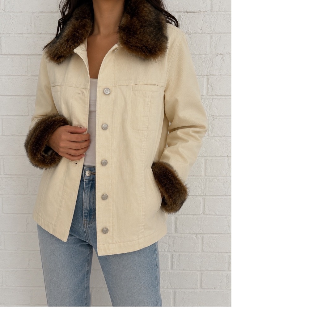 Jones New‎ York Signature Corduroy Jacket Women Size M Cream Excellent Faux Fur